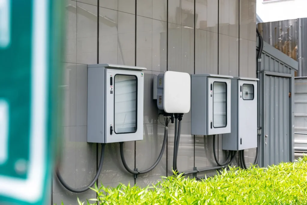 Energieopslagsystemen gemonteerd aan een buitenmuur